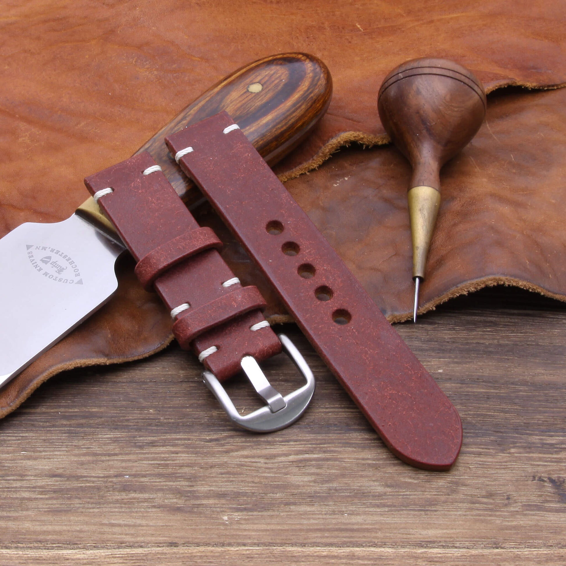 3rd View of 2-Piece Minimalist Leather Watch Strap, made with Pueblo Cocinella Italian veg-tanned leather by Cozy Handmade