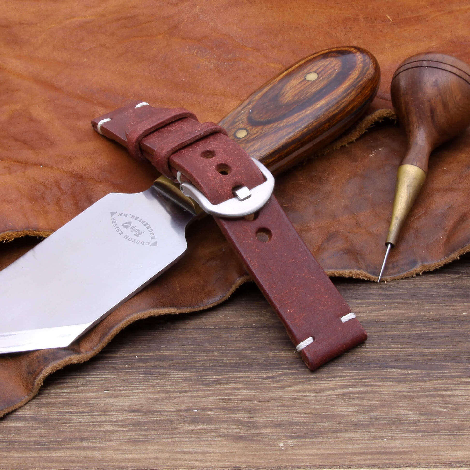 4th View of 2-Piece Minimalist Leather Watch Strap, made with Pueblo Cocinella Italian veg-tanned leather by Cozy Handmade