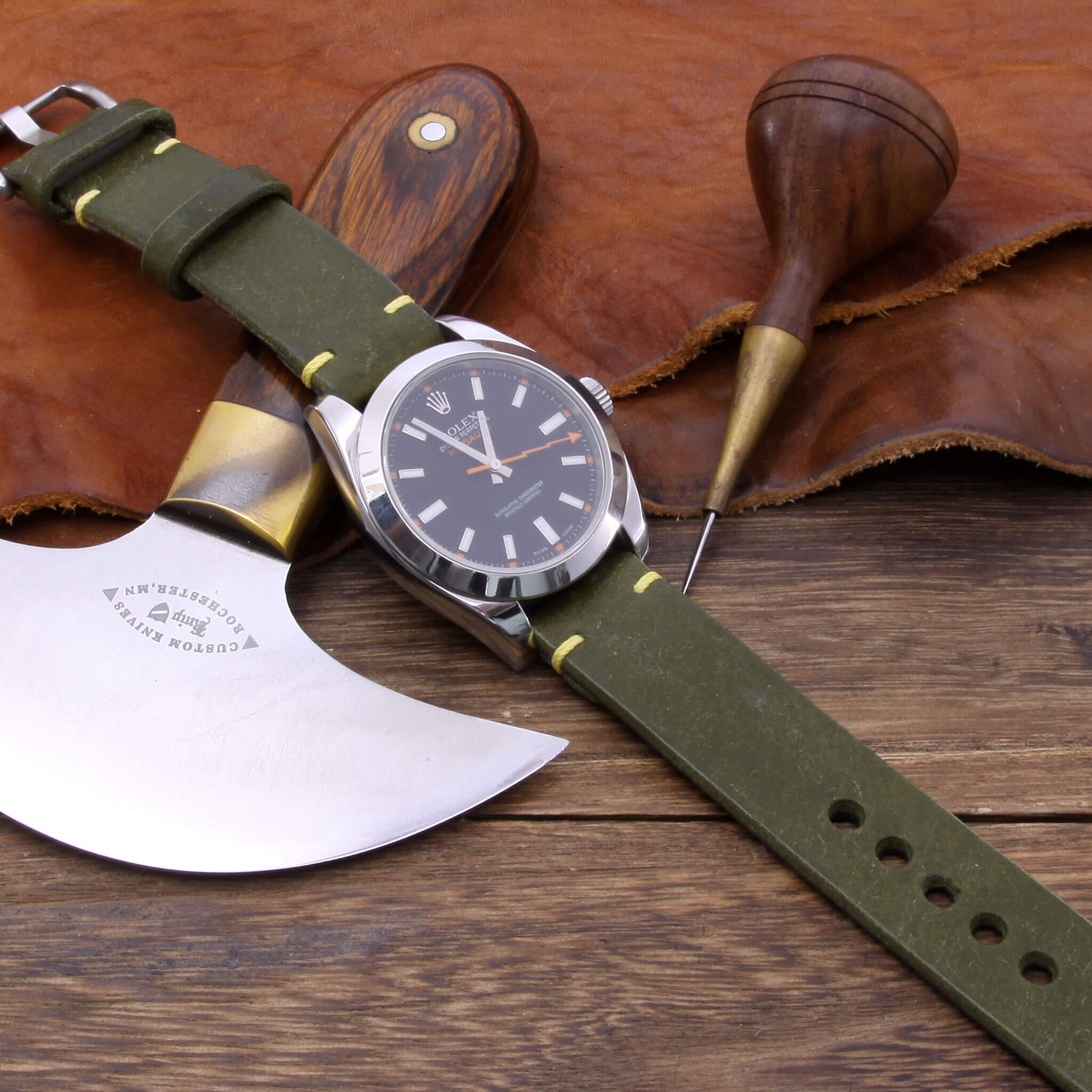 5th View of 2-Piece Minimalist Leather Watch Strap, made with Pueblo Oliva Italian veg-tanned leather by Cozy Handmade