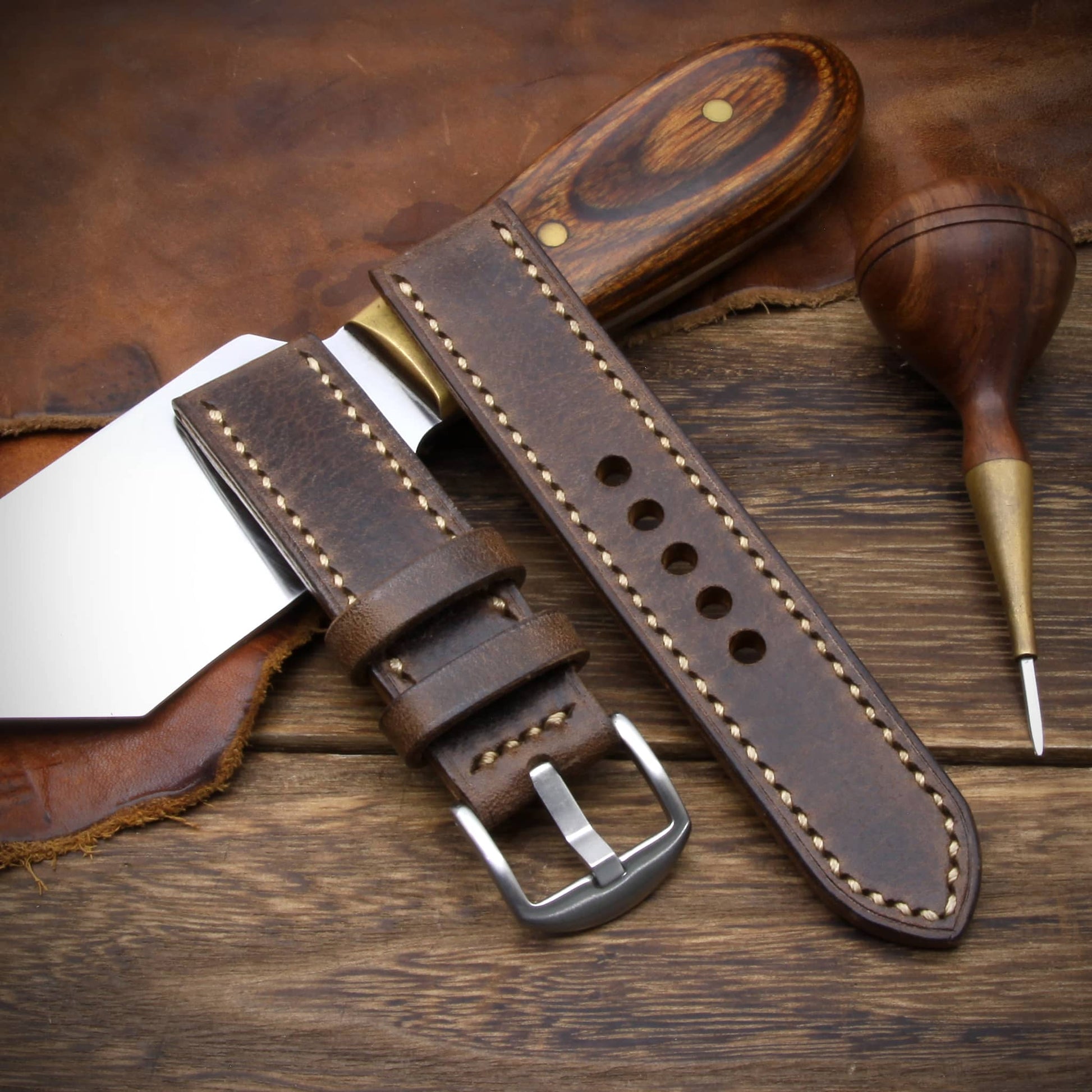 Leather Watch Strap, Douglas 110 (Dark Reddish Brown) | Full Stitch | Cozy Handmade