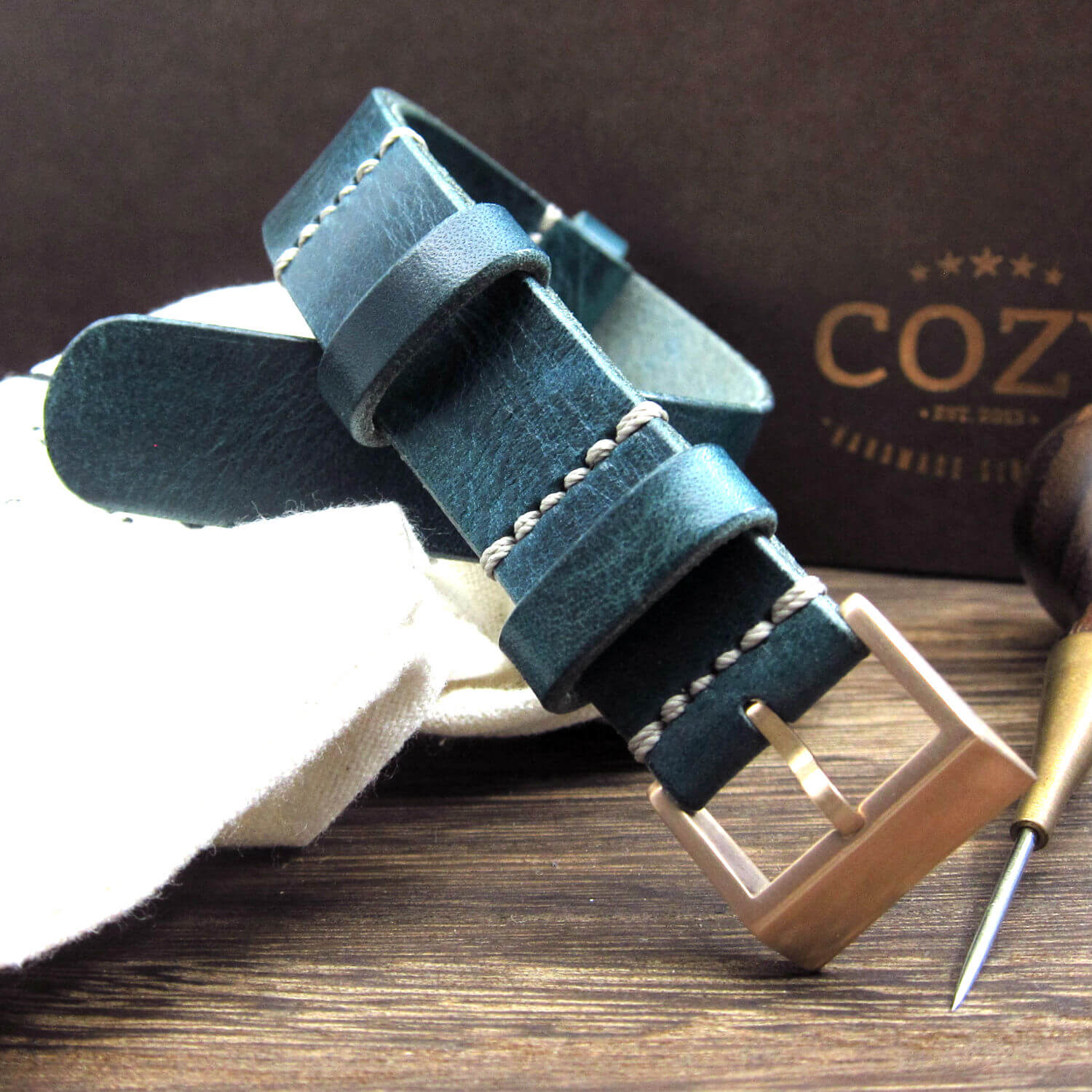NAT2 Leather Watch Strap, Military 106 (Rose Gold Buckle Finish) | Full Grain Italian Veg Tanned | Cozy Handmade