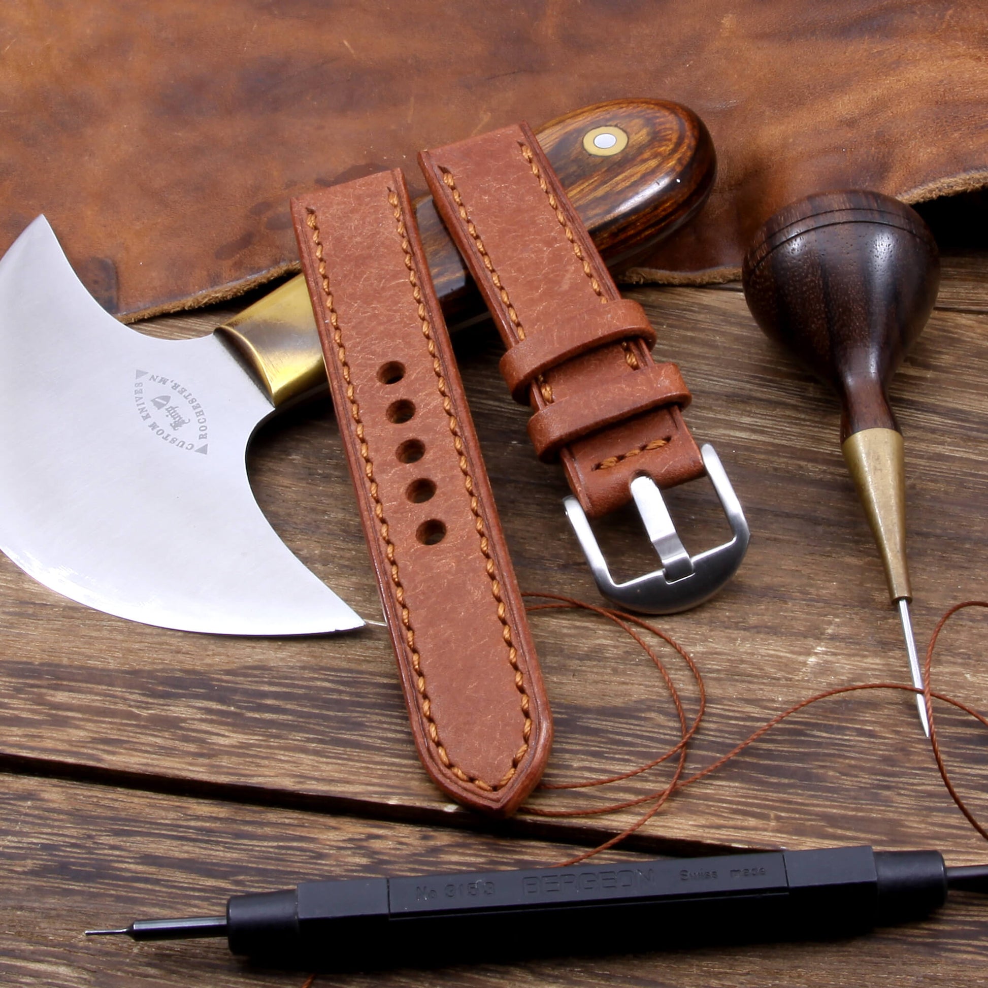 Leather Watch Strap, Rustic Russet | Full Stitch | Full Grain Italian Veg Tanned Leather | Cozy Handmade