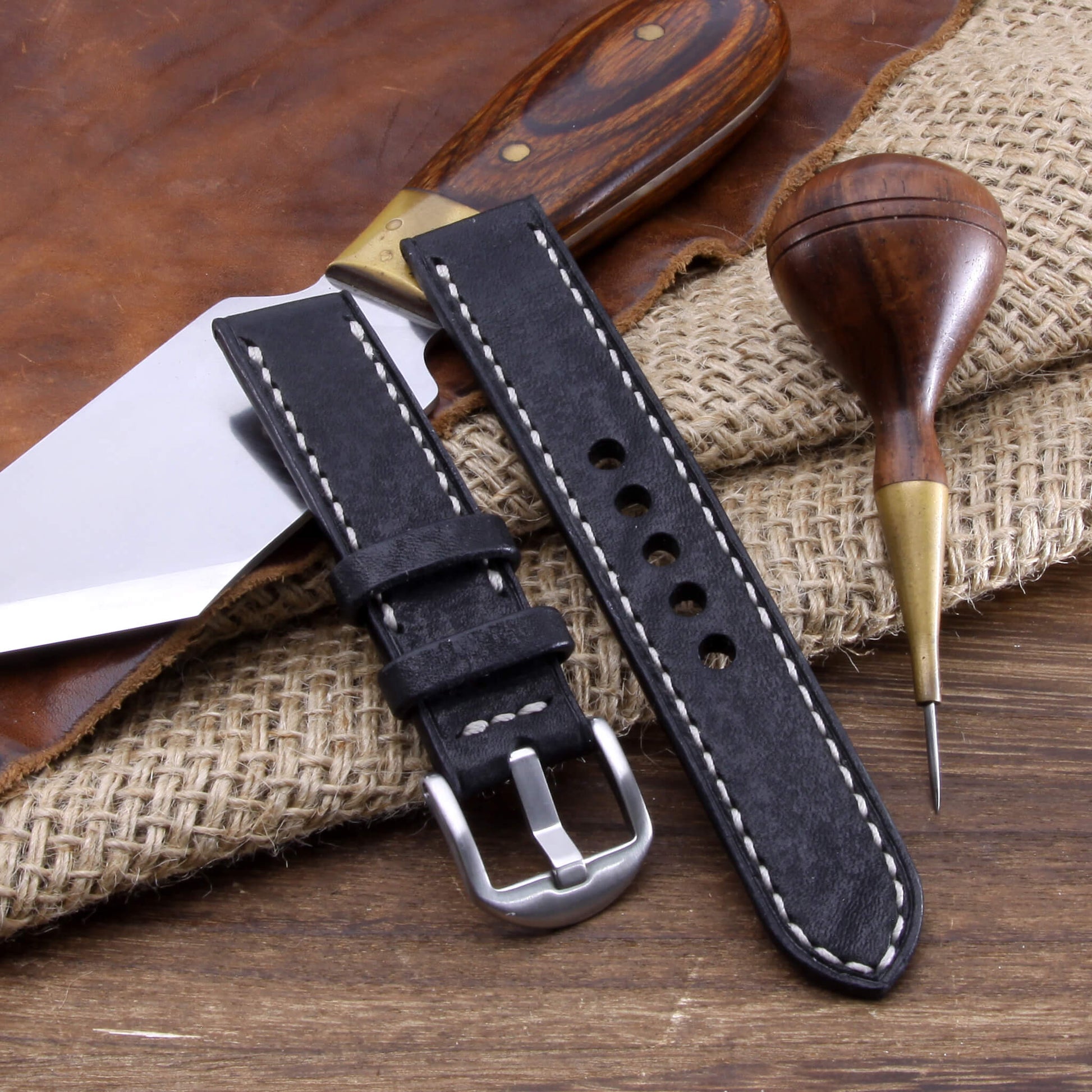Leather Watch Strap, Vintage Nero Black |  Full Stitch | Full Grain Italian Veg Tanned | Cozy Handmade